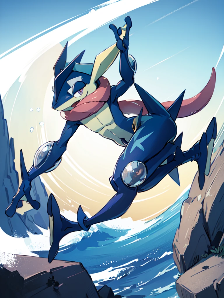 (masterpiece, best quality:1.2),solo,greninja \(pokemon\),pokemon \(creature\),full body,no humans,outstretched arms, long tongue, blue skin,looking at viewer,blue sky