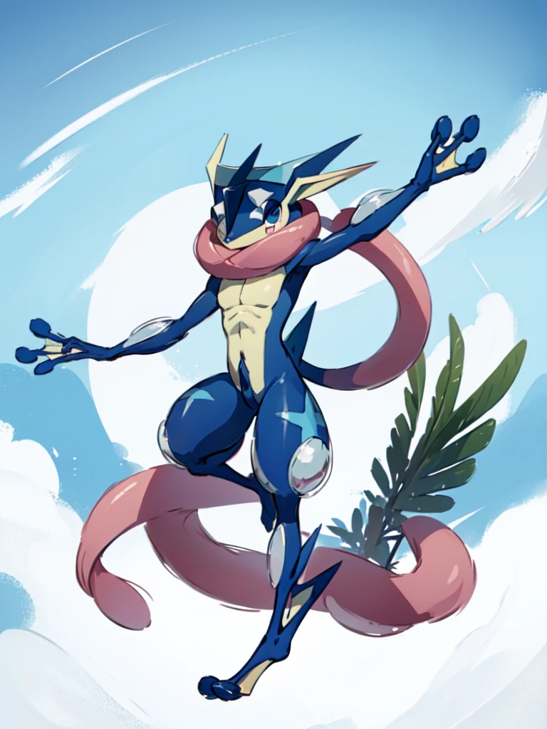 (masterpiece, best quality:1.2),solo,greninja \(pokemon\),pokemon \(creature\),full body,no humans,outstretched arms, long tongue, blue skin,looking at viewer,blue sky