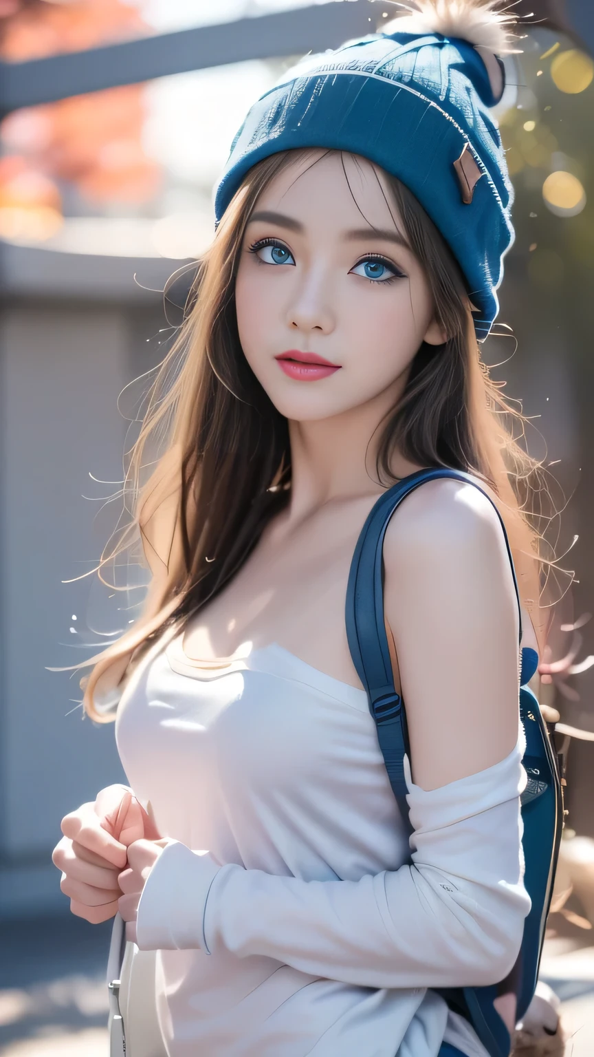 Anime Girl (((Backpack))) and (((Four dogs in the coconut grove))), ((((Blue Eyed Girl)))), (((The girl is wearing a beanie))), Lovely and detailed digital art, Cute numbers, ((((The camera is in front of the character)))), artwork in the style of guweiz, Realistic anime 3D style, Anime styled 3d, Rendering a cute 3D Anime Girl, Produced in partnership with Anime Painter Studio, Anime style. 8K, Children's art on the art station, Cute girl anime visual,