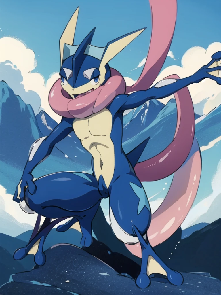 (masterpiece, best quality:1.2),solo,greninja \(pokemon\),pokemon \(creature\),full body,no humans,outstretched arms, long tongue, blue skin,looking at viewer,blue sky