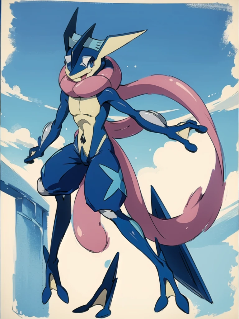 (masterpiece, best quality:1.2),solo,greninja \(pokemon\),pokemon \(creature\),full body,no humans,outstretched arms, long tongue, blue skin,looking at viewer,blue sky