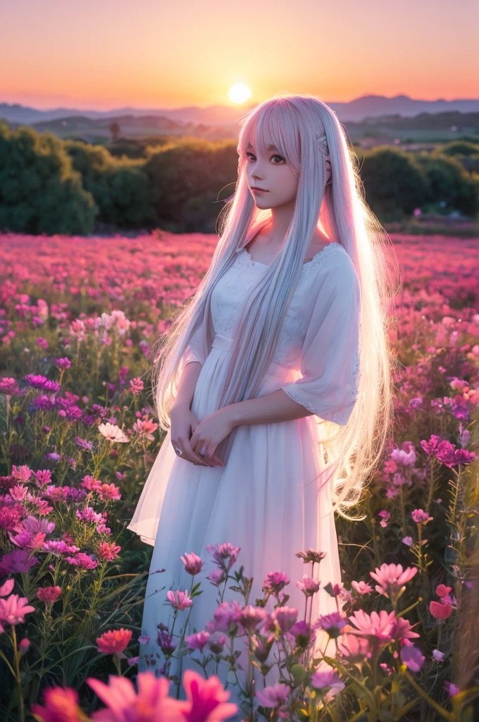 A mystical anime-style image of an 18-year-old girl with long white hair, standing in a colorful flower field at sunset.
