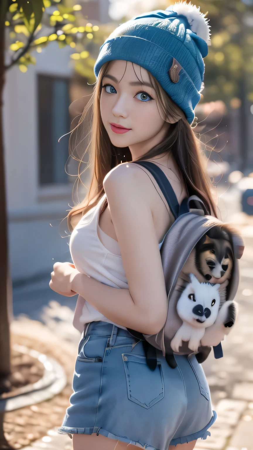 Anime Girl (((Backpack))) and (((Four dogs in the coconut grove))), ((((Blue Eyed Girl)))), (((The girl is wearing a beanie))), Lovely and detailed digital art, Cute numbers, ((((The camera is in front of the character)))), artwork in the style of guweiz, Realistic anime 3D style, Anime styled 3d, Rendering a cute 3D Anime Girl, Produced in partnership with Anime Painter Studio, Anime style. 8K, Children's art on the art station, Cute girl anime visual,