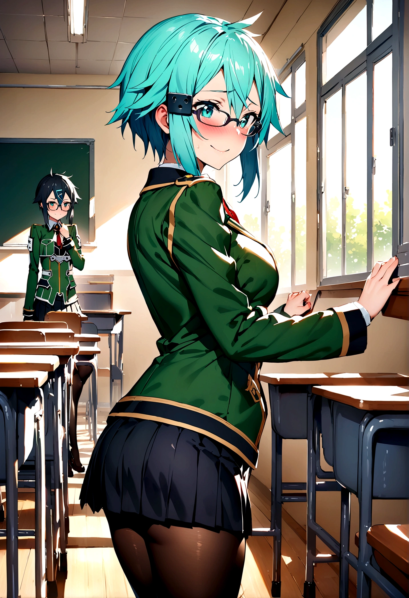 NSFW,masterpiece,Highest quality,High resolution,Super detailed,Sinon\(Sword Art Online\),Glasses,uniform,mini skirt,pantyhose,Embarrassed,Surprised face,blush,School,locker room,Changing clothes,Half-naked
