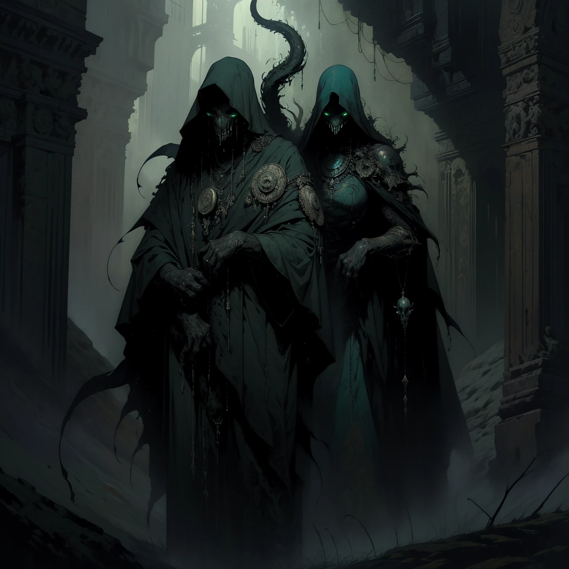 (Best Quality,4k,High resolution,Masterpiece:1.2),extremely detailed and realistic portrait of Cthulhu, Creepy and Mysterious Facial Features, tentacle-like appendages protruding from its face, Intense and penetrating yellow eyes, distinct, intricate scales covering its body, Ancient and otherworldly creature, dark and creepy atmosphere, Surreal and nightmare landscapes, Disturbing and malevolent presence, Terror lovecraftiano, Dark blue and green color palette, Dramatic and discreet lighting with ominous shadows, Ethereal and supernatural aura