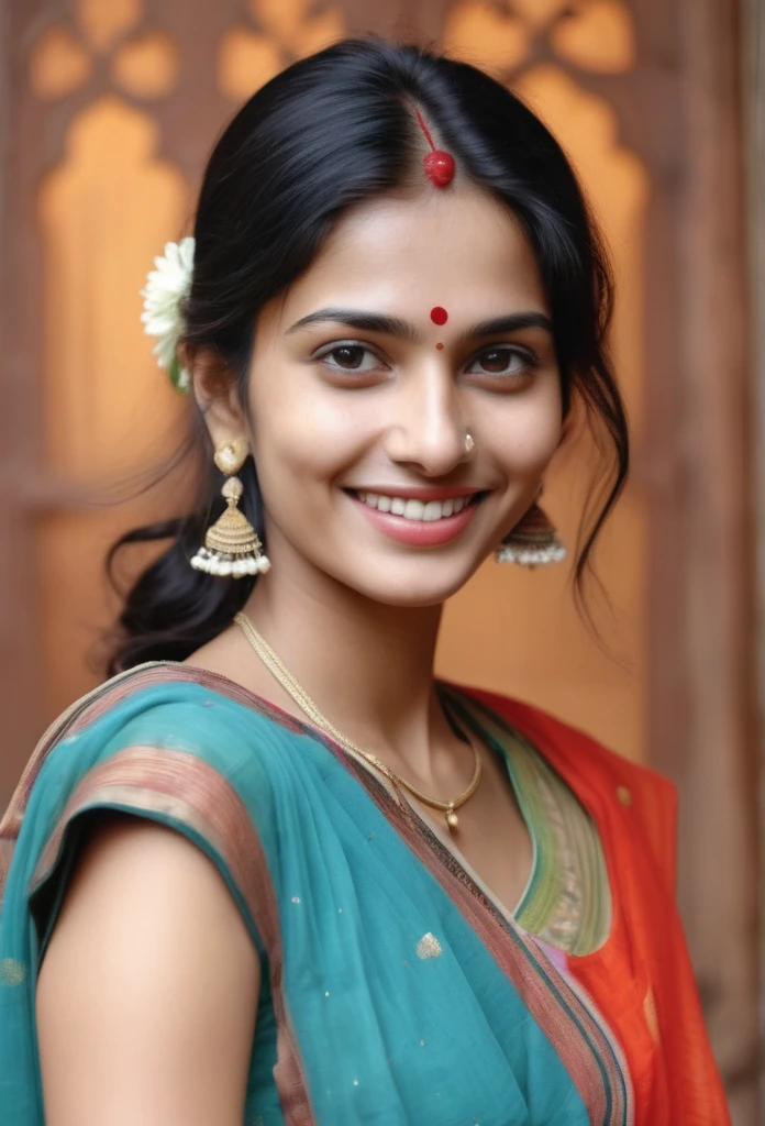 Une femme indienne captivante au teint radieux et au sourire naturel, ses cheveux coupés encadrent son visage en forme de cœur alors qu'elle regarde directement la caméra, des yeux symétriques pétillants de chaleur. Un éclairage ambiant doux accentue sa texture de peau impeccable, rappelant les traits de poupée en porcelaine d'Anne Hathaway. Nombril subtilement visible, ajoutant à son élégant charme de milf. Cadré en 8K sur un reflex numérique, un éclairage de haute qualité et un grain de film subtil évoquent une photographie primée, mettant en valeur les capacités d'imagerie exceptionnelles du Fujifilm XT3.