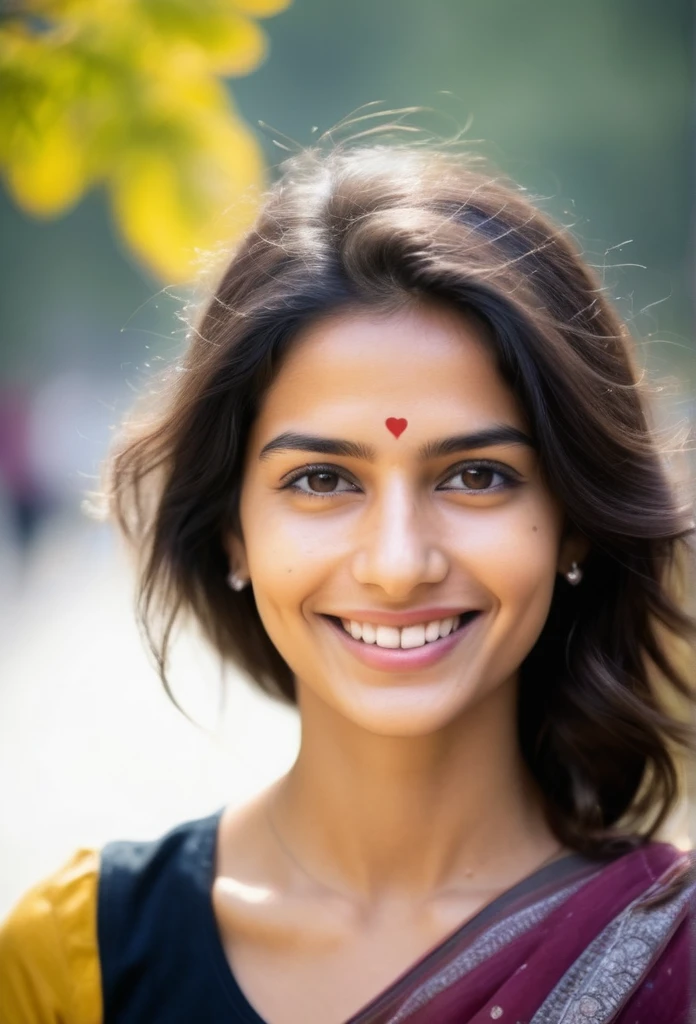 Une femme indienne captivante au teint radieux et au sourire naturel, ses cheveux coupés encadrent son visage en forme de cœur alors qu'elle regarde directement la caméra, des yeux symétriques pétillants de chaleur. Un éclairage ambiant doux accentue sa texture de peau impeccable, rappelant les traits de poupée en porcelaine d'Anne Hathaway. Nombril subtilement visible, ajoutant à son élégant charme de milf. Cadré en 8K sur un reflex numérique, un éclairage de haute qualité et un grain de film subtil évoquent une photographie primée, mettant en valeur les capacités d'imagerie exceptionnelles du Fujifilm XT3.