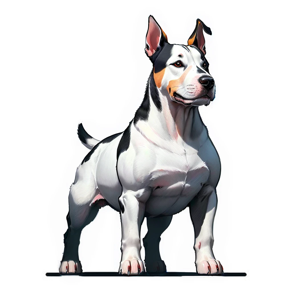 A bull terrier dog of many colors standing on a white background., jack russell terrier, jack russel dog, Mascot Illustration, high detail illustration, high definition illustration, isolated on white background, adult dog, white bg, simple illustration, high quality illustration, sharp high detail illustration, very detailed illustration.", sports team mascot, canine, black and white illustration, sketch illustration