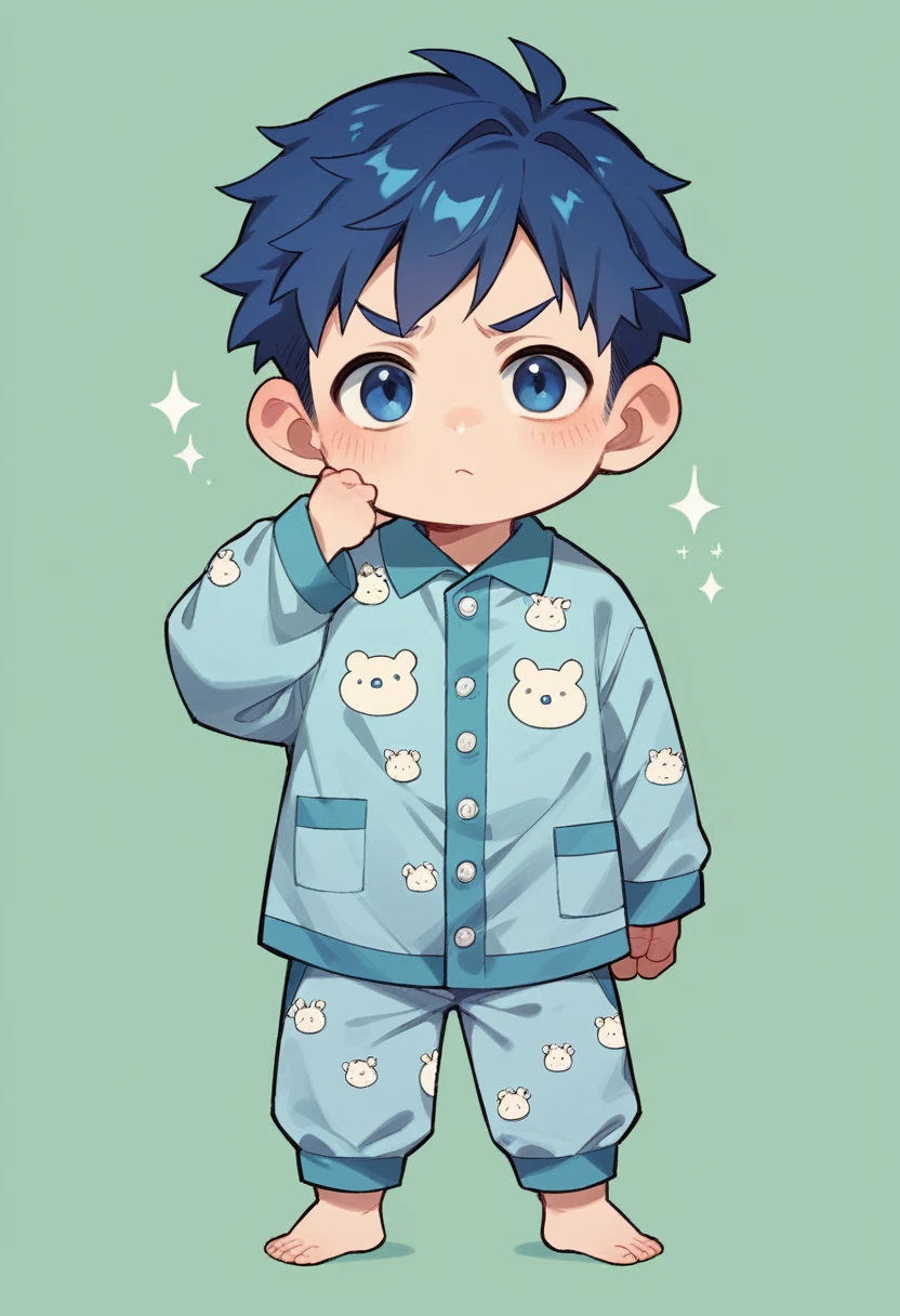 boy, 18 years, dark blue hair,dark blue eyes,light blue T-rex onesie pajamas, chibi, full body, green background only, Without background, Simple background,shoot from front, looking at viewer