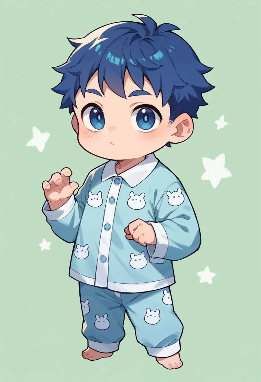 boy, 18 years, dark blue hair,dark blue eyes,light blue T-rex onesie pajamas, chibi, full body, green background only, Without background, Simple background,shoot from front, looking at viewer