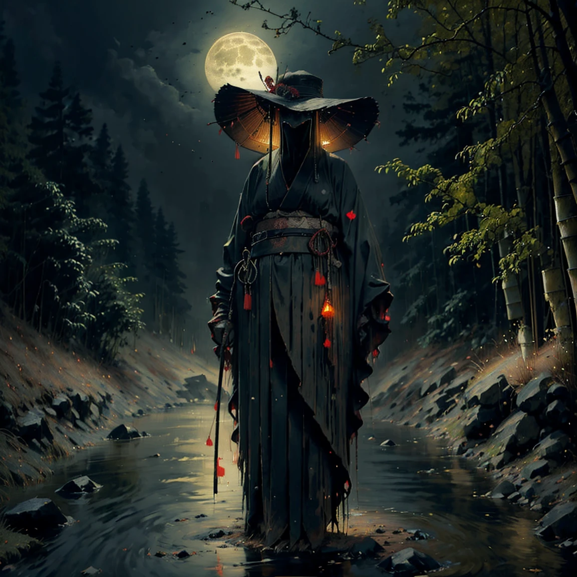 (best quality,ultra-detailed),dark,wet,artificial raindrops falling,ancient Japanese warrior standing in the rain,traditional Japanese bamboo hat(kasa),dense forest scenery,majestic and serene nature,full moon shining brightly in the night sky,black kimono with fluorescent red stripes glistening in the moonlight,sharp and unsheathed samurai sword(katana),