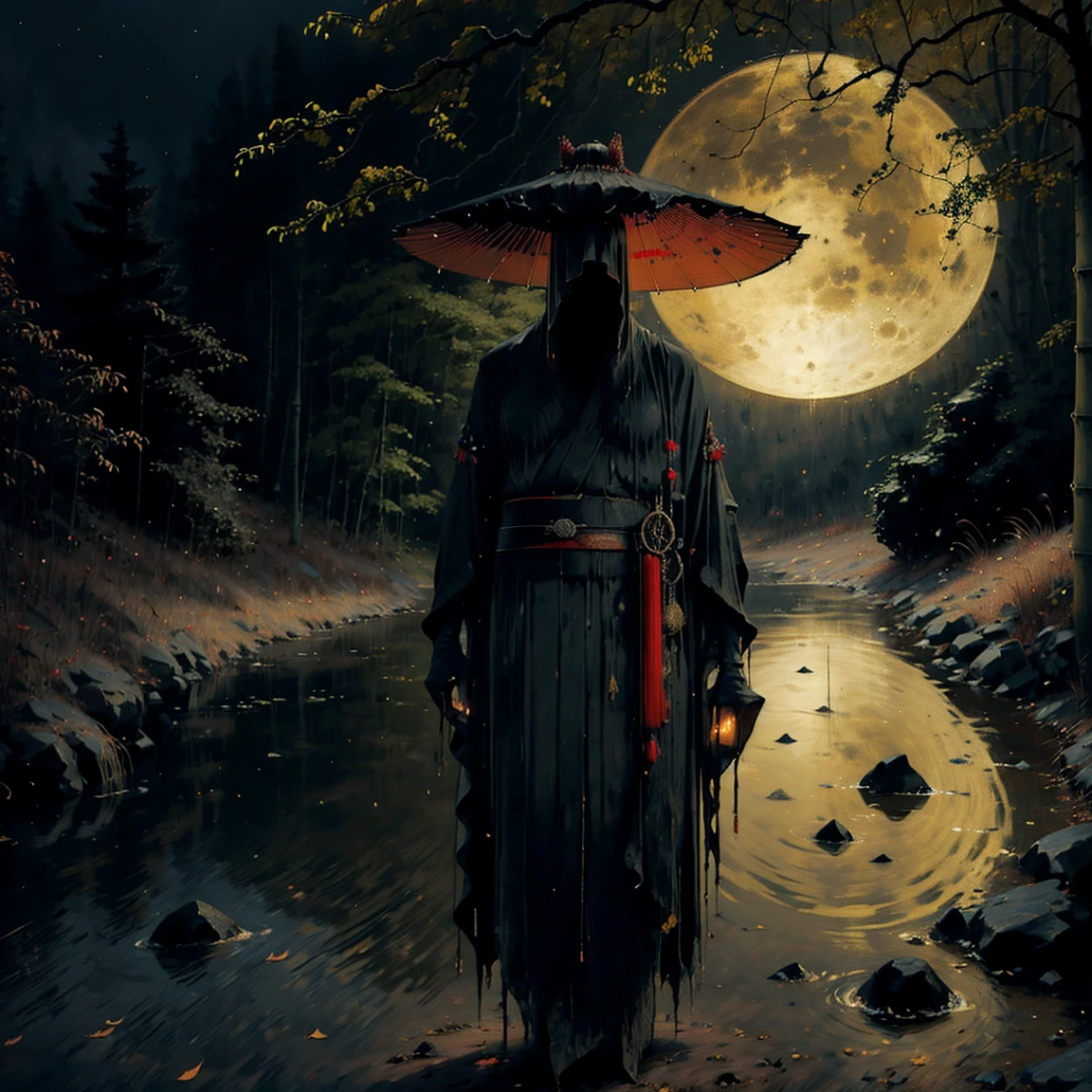 (best quality,ultra-detailed),dark,wet,artificial raindrops falling,ancient Japanese warrior standing in the rain,traditional Japanese bamboo hat(kasa),dense forest scenery,majestic and serene nature,full moon shining brightly in the night sky,black kimono with fluorescent red stripes glistening in the moonlight,sharp and unsheathed samurai sword(katana),