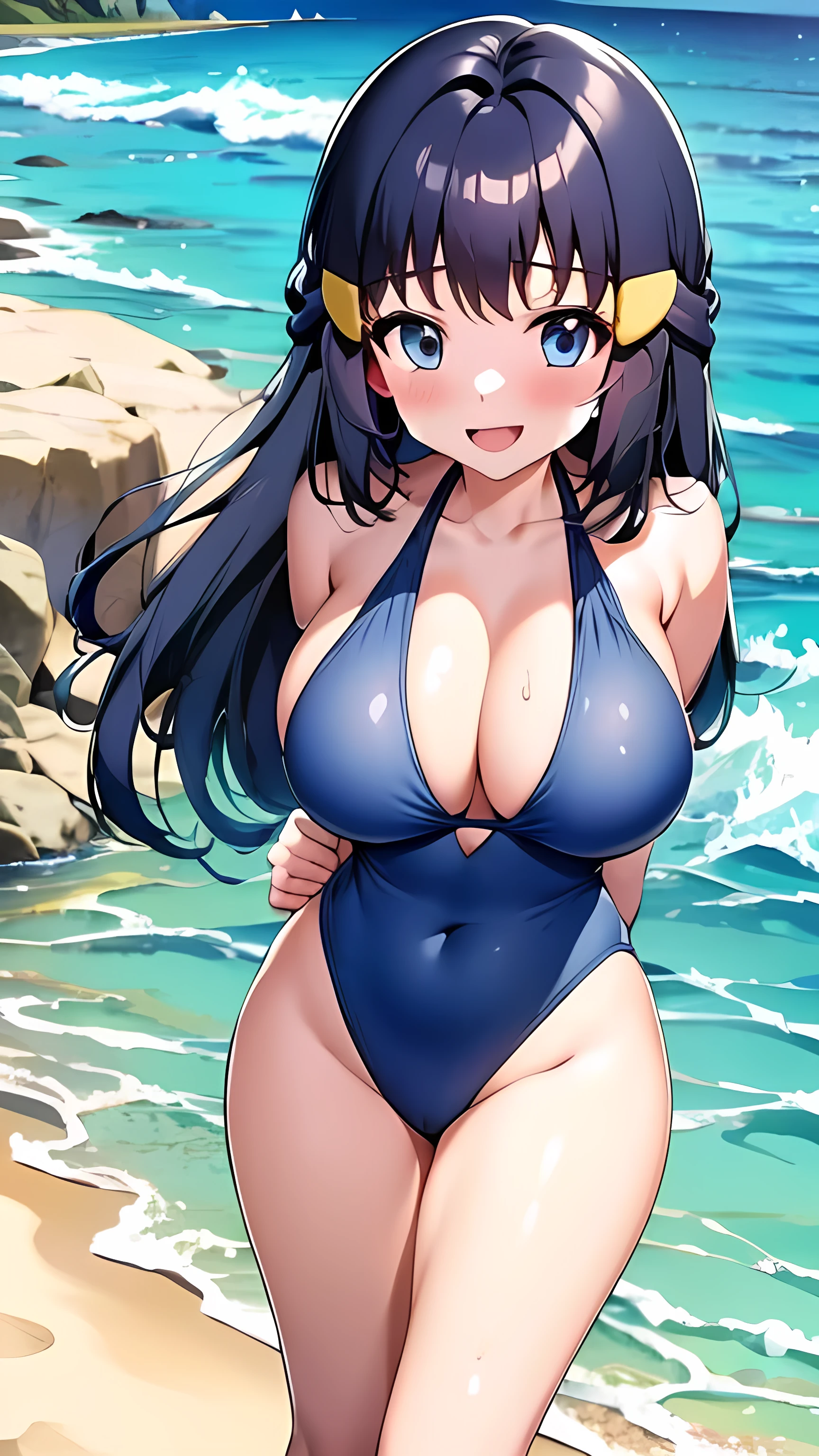 ((erotic_anime_image)), ((High_Quality)), ((Highly_Detailed)), ((Master_Work)), ((Beautiful)), 1girl alone.((Pokemon_Dawn)) (smiling_coquettishly), (sexy_pose), (Blue_eyes), ((giant_breasts)),(thin_tailoring), (grayish_navy_blue_hair), (her_hair_is_loose,_holding_two_strands_on_her_sides_with_yellow_clips), (swimsuit_suit), (beach_on_the_shore_of_the_sea_with_a_sunset)