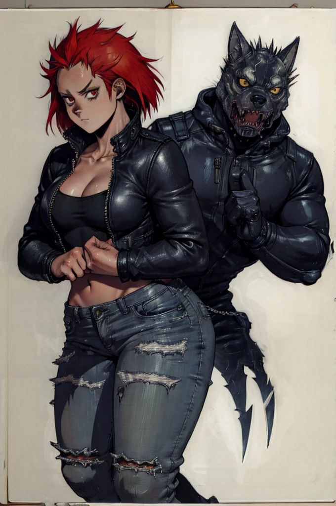 Dorohedoro Style, sexy young girl, a scary wolf mask with short red hair sticking out from under it, a heavy leather jacket with spikes, jeans, a girl holding a sword