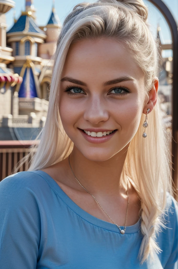 gorgeous, beautiful, 21 years old scandinavian, white hair in a bun, best portrait photo ever, men magazine portrait, beautiful smile, perfect teeth, seductive, flirty, face photo, ((((in disneyland, disneyland background in summer, in front of disneyland gate, Anaheim))), smiling, beautiful blue shirt, detailed skin, realistic, photo-realistic, 8k sharp focus, highly detailed, full length frame, High detail RAW color art, piercing, diffused soft lighting, shallow depth of field, sharp focus, hyperrealism, cinematic lighting