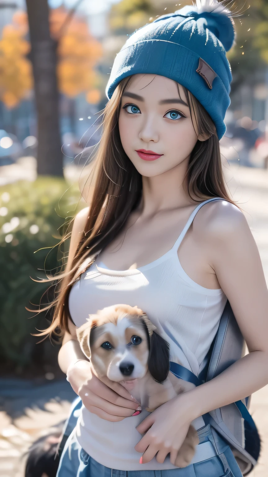 Anime Girl (((Backpack))) and (((Four dogs in the coconut grove))), ((((Blue Eyed Girl)))), (((The girl is wearing a beanie))), Lovely and detailed digital art, Cute numbers, ((((The camera is in front of the character)))), artwork in the style of guweiz, Realistic anime 3D style, Anime styled 3d, Rendering a cute 3D Anime Girl, Produced in partnership with Anime Painter Studio, Anime style. 8K, Children's art on the art station, Cute girl anime visual,