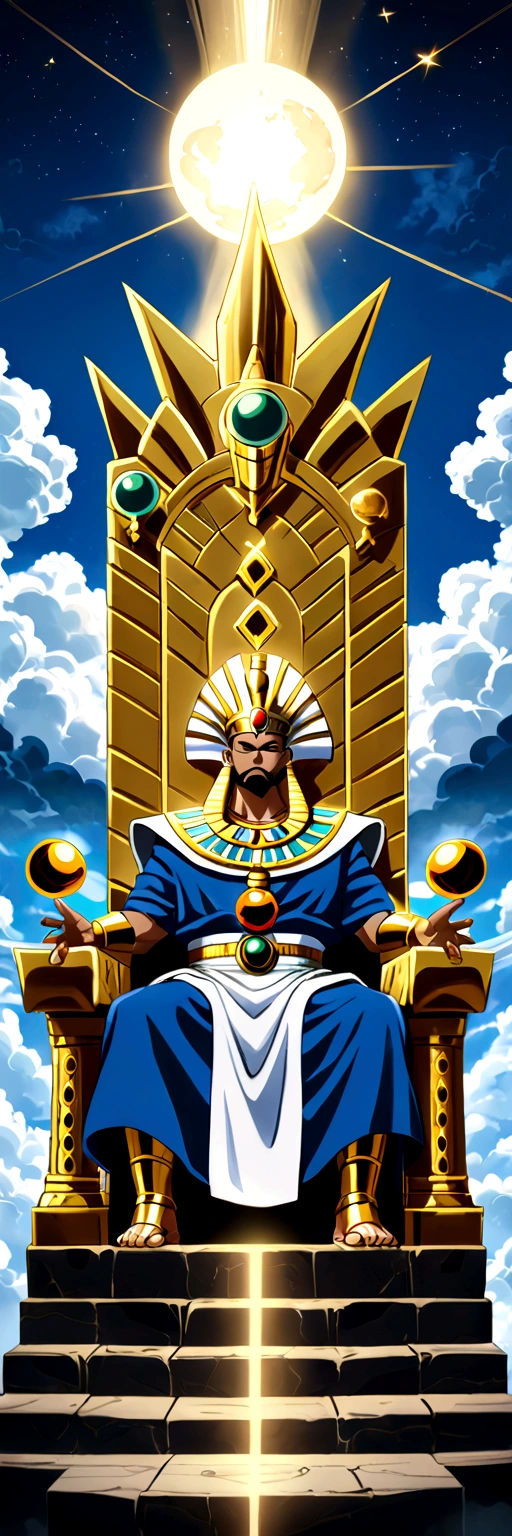 Divine egyptian king dressed in robes and gold accessories,  sitting on a throne mad of clouds in the sky , made like a dragon ball super character 