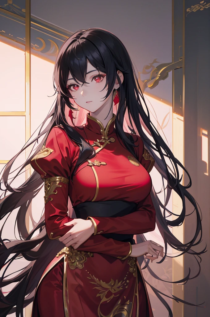 (very delicate, Masterpiece, Excellent lighting and shadows, HD wallpaper 8K), black hair, red eyes, Red Traditional Chinese Dress, Look at the upper body., fair, pink skin, tied at the waist, long straight hair, big breasts, Golden Dragon Hill, Empress.