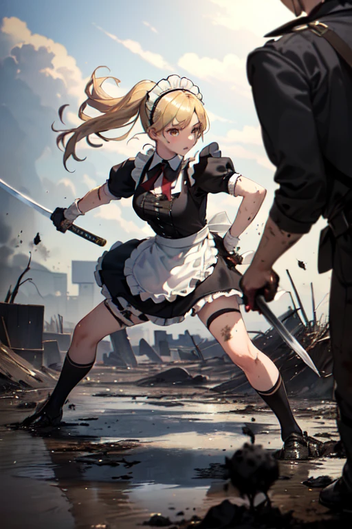 (((Highest quality))), ((masterpiece)), (((detailed))), (((Attention to detail))), One girl, cute, Blonde, Blonde碧眼, Small breasts, ((Black maid outfit, White apron, Headband, The skirt is long)), (((A girl in a maid outfit is fighting with a large sword))), Has a big sword, ((Western design sword)), (((The sword is held by a stick.))), ((燃えているbattlefield1.6)), wasteland, fierce fighting, Fierce Battle, Intense Battle, A Close Battle, battlefield, sparks, Enemy, Tsuba competition, Slashing, (((Soot and mud, 服やエプロンがdirty, dirty, 全身がdirty, Tattered 1.6))), (((Soot and mud, メイド服がdirty, エプロンがdirty, My clothes are in tatters, ))), ((My clothes are covered in soot, Covered in mud, Covered in charcoal, )), Damage Maid, Damage Apron, Between life and death,