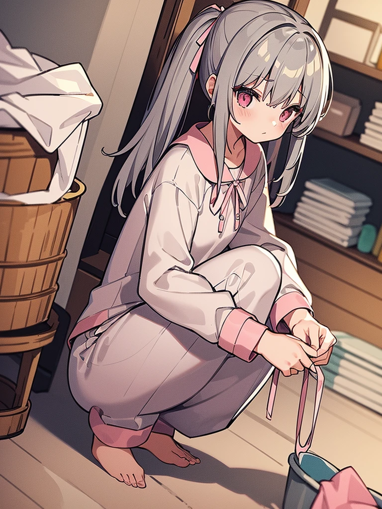 masterpiece, Highest quality, Very detailed, figure, Beautiful attention to detail, close, girl. Gray hair, Pink ribbon, White pajamas. Crouching on the ground and rummaging through a laundry basket