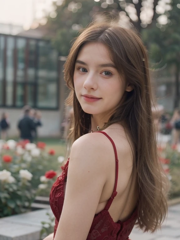 ((best quality)), ((masterpiece)), (detailed), 8k, RAW photo, Fujifilm, style photo of a beautiful young woman as avril in a garden of light pink roses (highly detailed skin: 1.2) Style-Petal BREAK long hair, blonde hair with colored locks, wearing a red color dress, film granulation, 35mm, cute style, blurred background