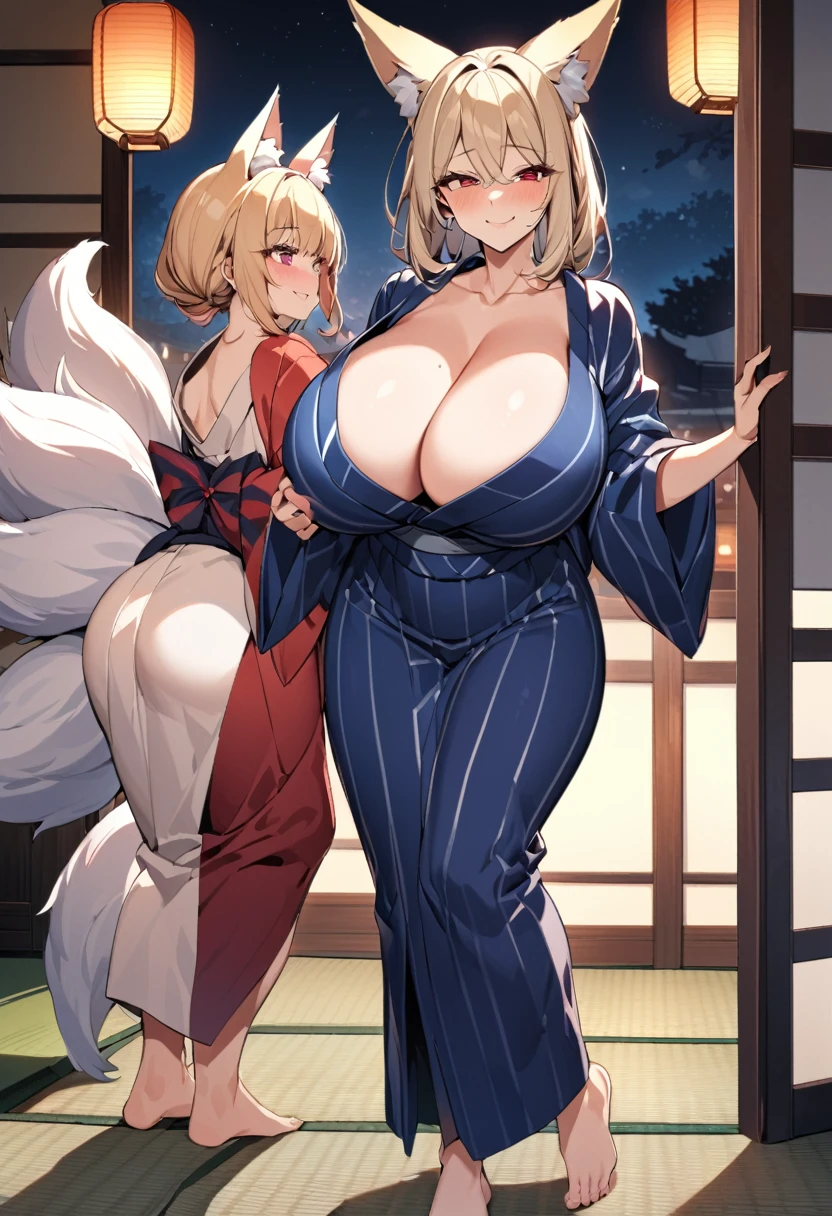 Highest quality、Two Girls,27years old,45years old, Mature Woman, Mature Woman, Japanese-style room、Tatami room、Sliding doors、Dark room、Voluptuous body,  Huge breasts, Saggy breasts, Wide Hips,  Vermilion Kimono、Navy blue kimono、yukata、 barefoot, Cleavage, Are standing, Blonde Nine Tails, smile, Short blonde, Red eyes, at night, 8K, masterpiece、milf、Fox Ears、Lantern、White futon、{A woman sucks a man&#39;s dick、Another one kisses a man}、Sexy look、spoken heart、(breast focus:1.1)、mature female、gleaming skin、naughty face、heavy breathing、One eye is covered by hair、hair over one eye 、cheek-to-cheek、ffm threesome、hetero、kissing his face、licking penis、silhouette