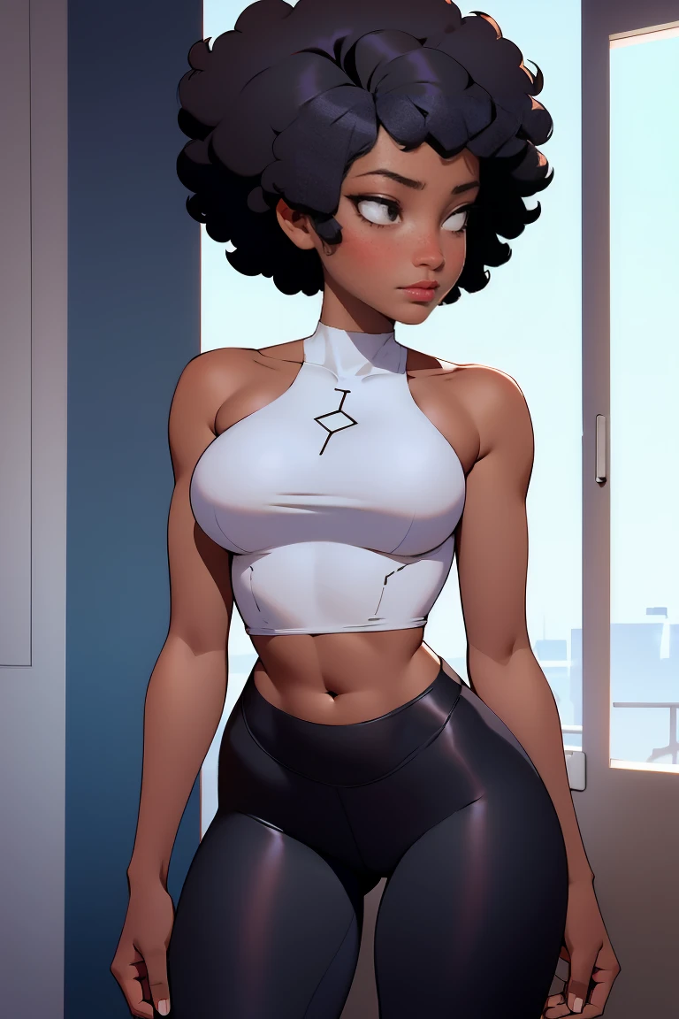 afro american girl, dark skin, behind view, afro haircut, 1 girl, solo, (black leggins) (crop tank top low neckline), sleveless, medium perky , wide hips