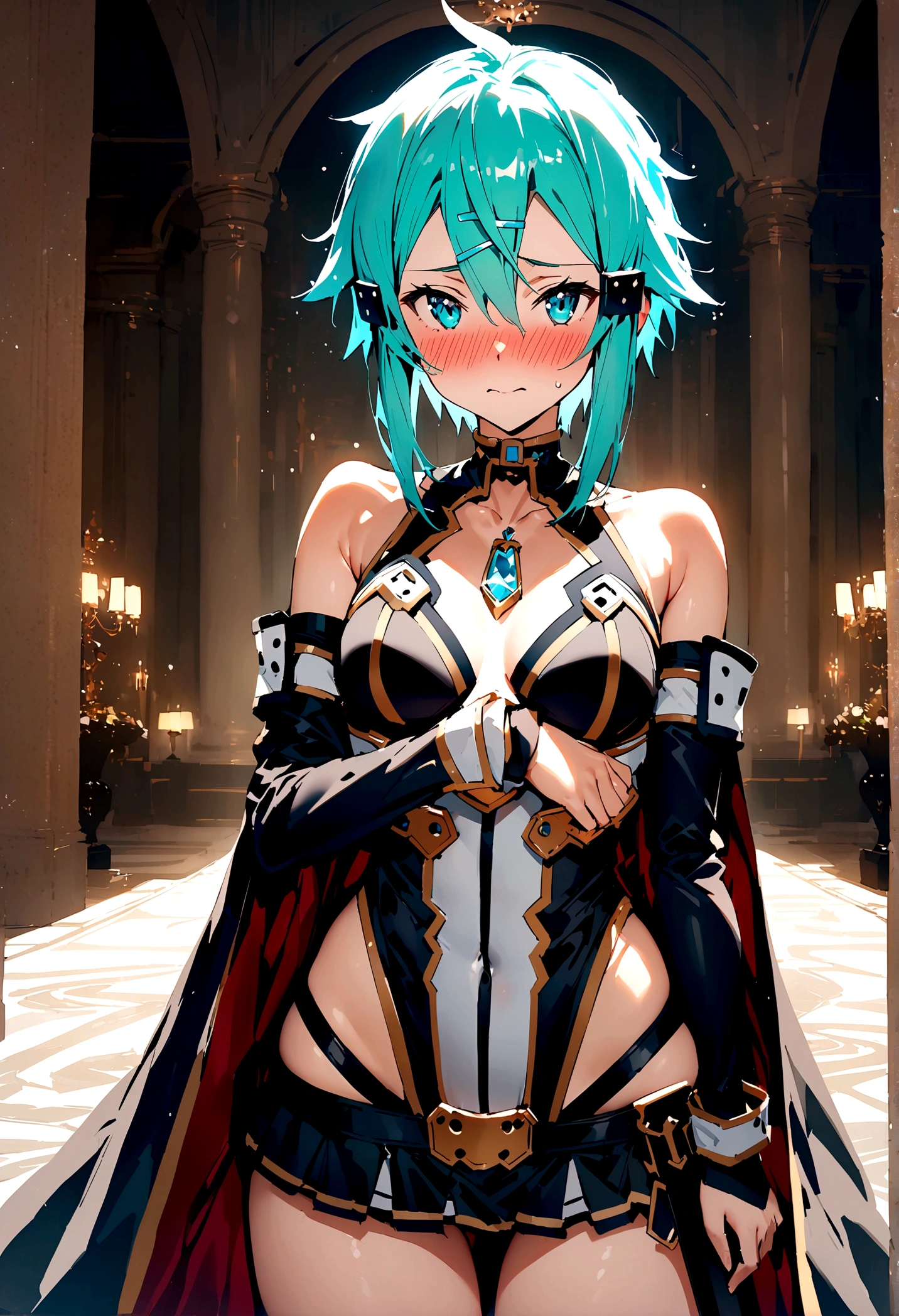 NSFW,masterpiece,Highest quality,High resolution,Super detailed,Sinon\(Sword Art Online\),Bare shoulders,Removable sleeves,Hand guard,leotard,Cape,Frilled mini skirt,gem, hair ornaments, Hair Clip,Embarrassed,expectant face,(Lust),(Estrus),blush,Fantasy,Adventurer&#39;s Guild,reception,indoor,(male),(maleが無理矢理抱き寄せる)