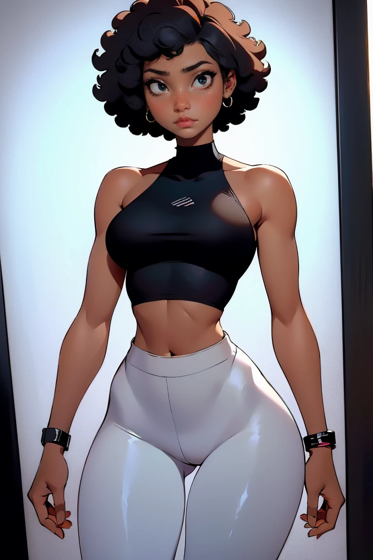 afro american girl, dark skin, behind view, afro haircut, 1 girl, solo, (black leggins) (crop tank top low neckline), sleveless, medium perky , wide hips