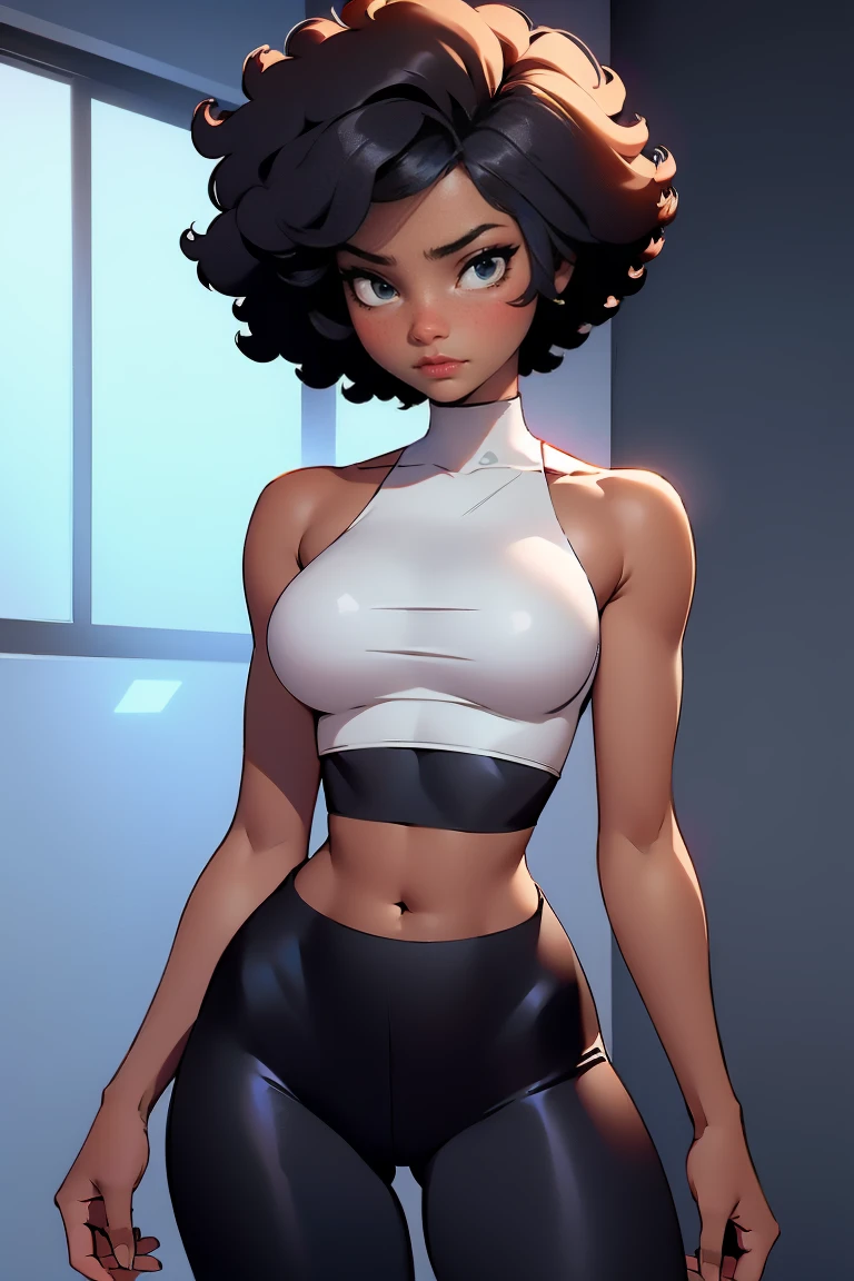 afro american girl, dark skin, behind view, afro haircut, 1 girl, solo, (black leggins) (crop tank top low neckline), sleveless, medium perky , wide hips