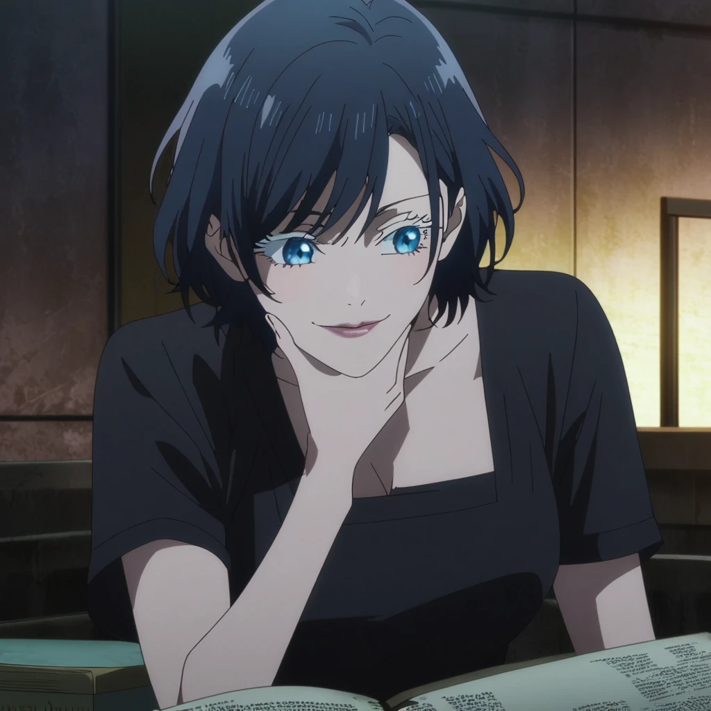 1girl, female gojo satoru, anime screencap from jujutsu kaisen, gojo satoru female version, solo, short_hair, ((smooth texture hair)) blue eyes, ((white eyelashes)), ((very long dark blue_hair)), night view, breasts, upper_body, smile, indoors, book, bangs, blue_eyes, lips, (wearing round sunglasses) ((short hair, swept bangs)) wearing black color shirt, breast, "very detailed and high resolution" (blue eyes) ((one hand on the chin)) ((smooth texture hair)) ((solo)) ((high resolution)) ((full body)) (Good quality) cleavage, ((dark blue hair))