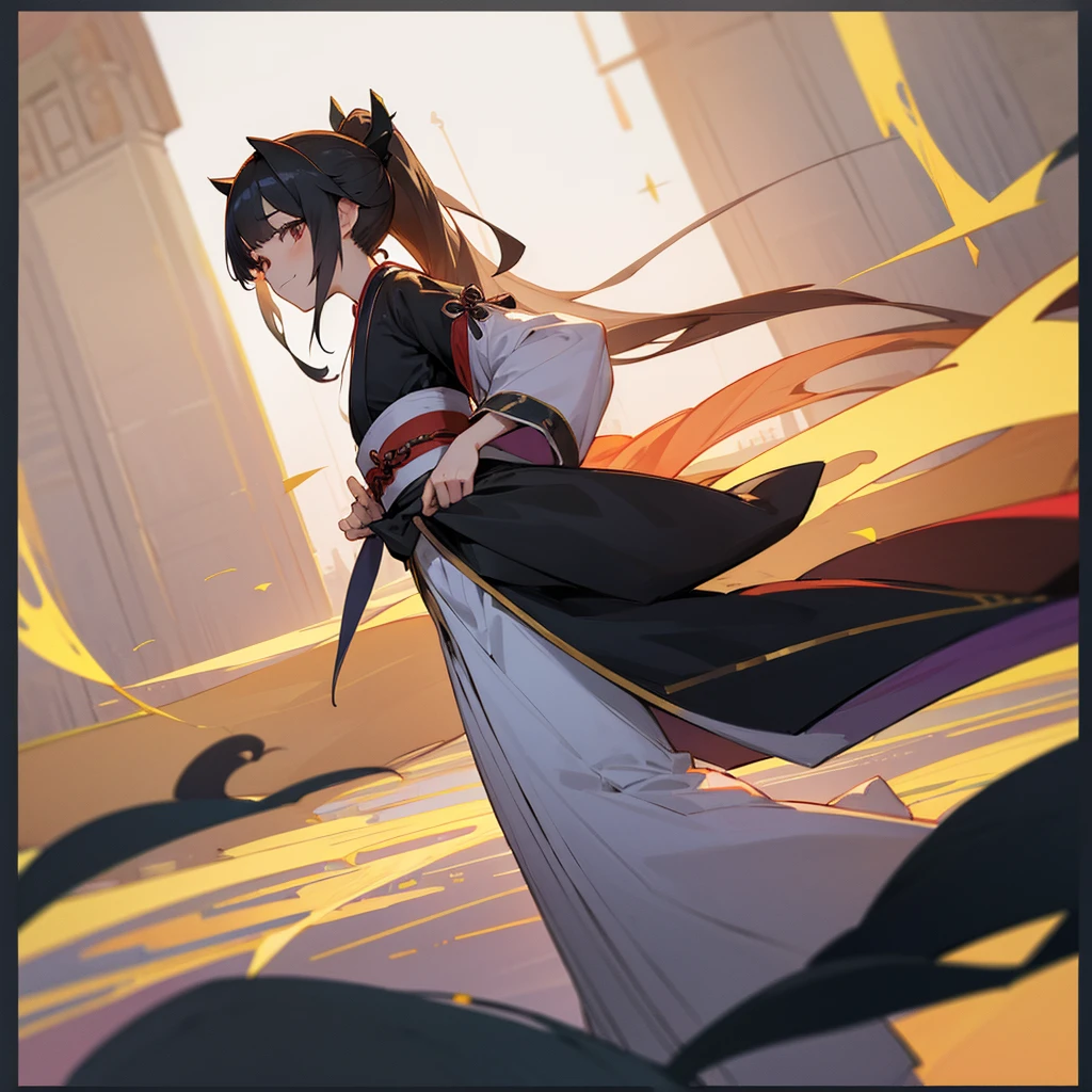 high resolution、10 Girls、Black Hanfu、Standing with your legs apart、palace、dim、Grinning、Long Hair、ponytail