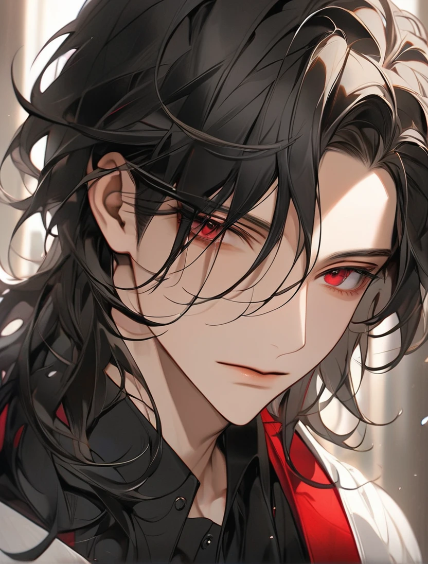 (Black_Hair), (red_ruby_eyes), (Handsome), (attractive), (perfect_face), (male), (close_up_shot), (detailed_eyes), (detailed_hair), (clean_hair), (expressionless), (sharp_eyes), (vertical_pupils), (peaceful_atmosphere)