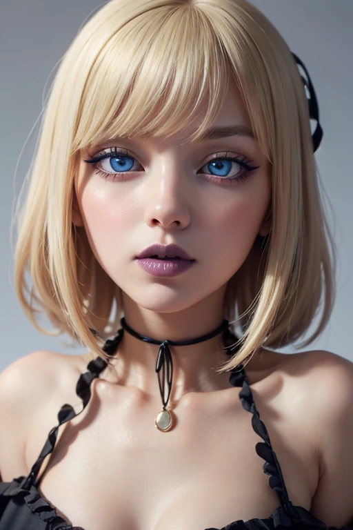 Masterpiece, Best Quality,  gothic girl, clavicle, looking at the viewer stunning blue eyes, white skin eyeliner, perfect detailed 12k, blonde hair with bangs , beautiful face, perfect mouth,  black lipstick,  voluminous and sensual lips, big and heavy bust 