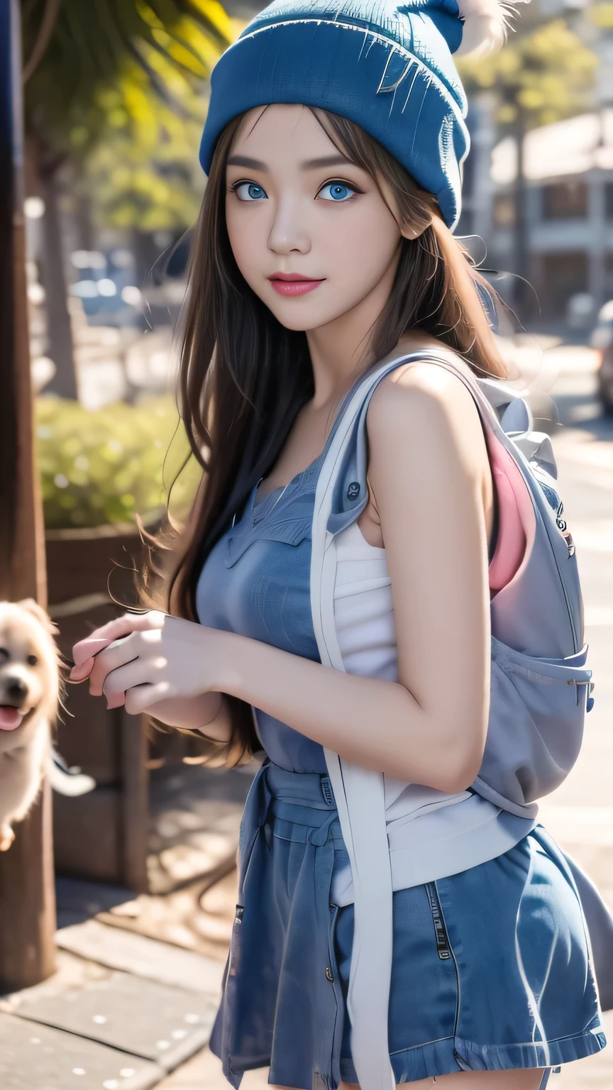 Anime Girl (((Backpack))) and (((Four dogs in the coconut grove))), ((((Blue Eyed Girl)))), (((The girl is wearing a beanie))), Lovely and detailed digital art, Cute numbers, ((((The camera is in front of the character)))), artwork in the style of guweiz, Realistic anime 3D style, Anime styled 3d, Rendering a cute 3D Anime Girl, Produced in partnership with Anime Painter Studio, Anime style. 8K, Children's art on the art station, Cute girl anime visual,