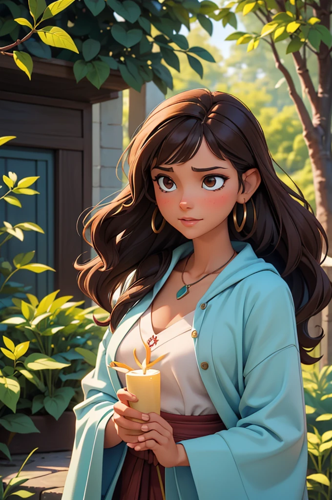 a young psychology student, de 1,63cm tall, with a more mature face of a 30 year old woman, medium body brunette with long dark brown hair, with dark brown eyes and an appearance that resembles a gypsy. She has a natural sensitivity and keen intuition, characteristics that help her deeply understand the emotions of those around her. Isabela is lively and dreamy, believing in the power of positivity and the transformative potential of psychology to promote personal growth and emotional healing. Your special connection with nature is evident in your daily routine, where he spends time meditating outdoors and practicing spiritual rituals. Determined to unite her interests in the human mind and the spiritual world, Isabela seeks to become a psychologist who doesn't just listen, but also guides his patients on journeys of self-discovery and emotional well-being. She loves studying and is modest