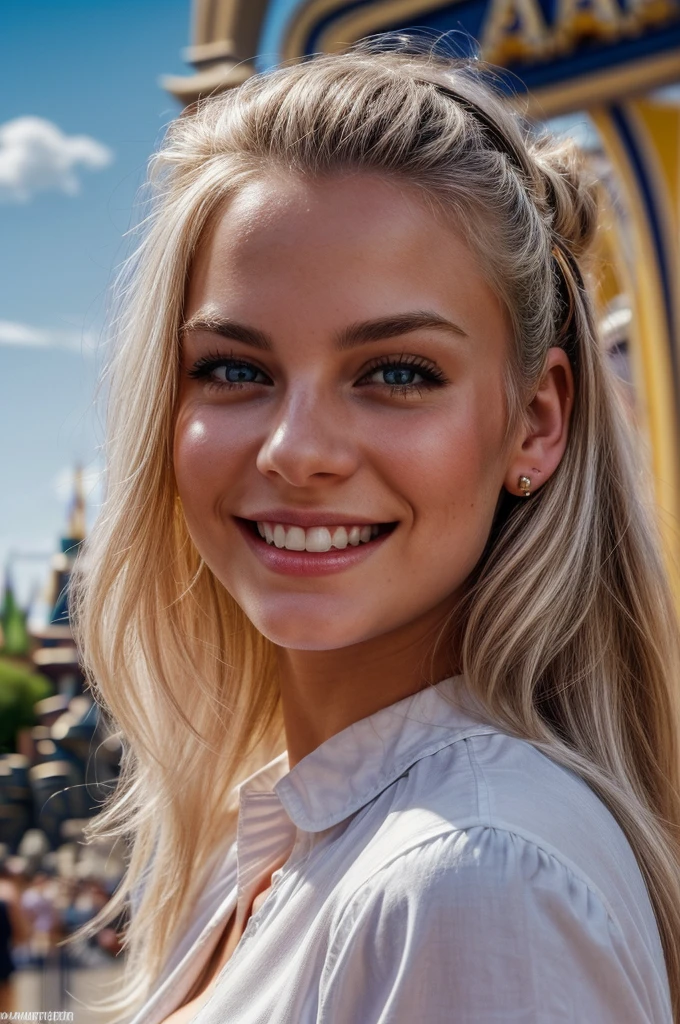 gorgeous, beautiful, 21 years old scandinavian, white hair in a bun, best portrait photo ever, men magazine portrait, beautiful smile, perfect teeth, seductive, flirty, face photo, ((((in disneyland, disneyland background in summer, in front of disneyland gate, Anaheim))), smiling, beautiful blue shirt, detailed skin, realistic, photo-realistic, 8k sharp focus, highly detailed, full length frame, High detail RAW color art, piercing, diffused soft lighting, shallow depth of field, sharp focus, hyperrealism, cinematic lighting