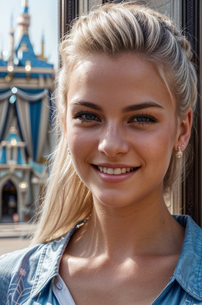 gorgeous, beautiful, 21 years old scandinavian, white hair in a bun, best portrait photo ever, men magazine portrait, beautiful smile, perfect teeth, seductive, flirty, face photo, ((((in disneyland, disneyland background in summer, in front of disneyland gate, Anaheim))), smiling, beautiful blue shirt, detailed skin, realistic, photo-realistic, 8k sharp focus, highly detailed, full length frame, High detail RAW color art, piercing, diffused soft lighting, shallow depth of field, sharp focus, hyperrealism, cinematic lighting