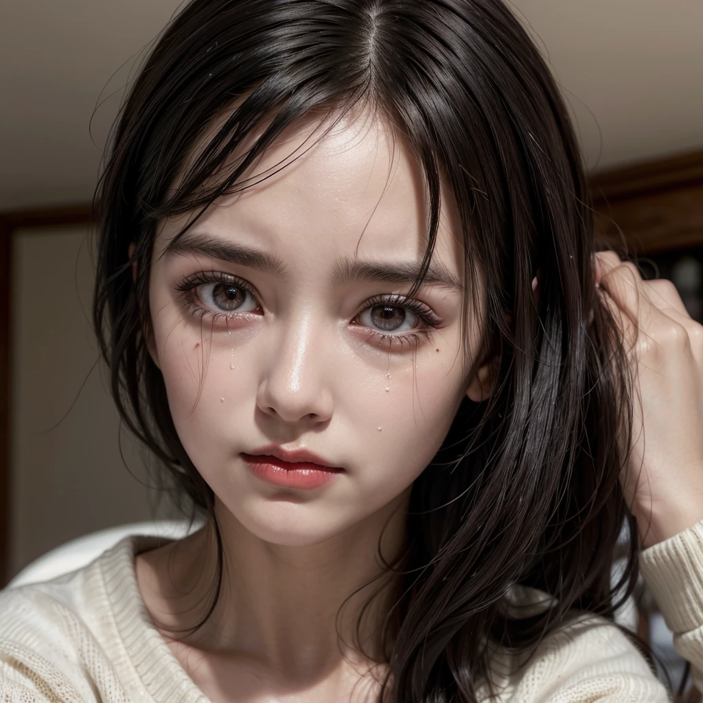 1 17 year old girl, long dark black hair, clear skin, big brown eyes, Slim appearance, Red lips, sueter, backwards, crying, head down