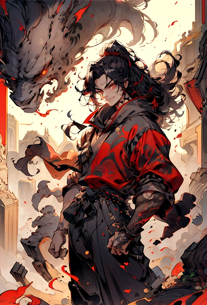 A middle-aged man in his 40s, Long hair in a striking red and black combination, Wild and Messy Hairstyle, Fierce gaze, Confident smile, He has a lightning bolt tattoo on his left cheek , Strong physique, A gorgeous short-sleeved fantasy-style coat, A fitted scaled undergarment, Black fur shawl, Wrist guard, Coarse trousers, He stood like a sacred figure on the crumbling earth, There's debris floating everywhere., This character embodies a carefully crafted、Anime style based on fantasy, With refinement、Features a mature comic book illustration art style, HD, best quality, high resolution, Extremely detailed, Super Fine, Extremely refined, professional, Anatomically correct, Symmetrical face, Extremely detailed eyes and face, High quality eyes, creativity, RAW photos, 超HD, 8K, Natural light, light, masterpiece-anatomy-perfect, masterpiece:1.5