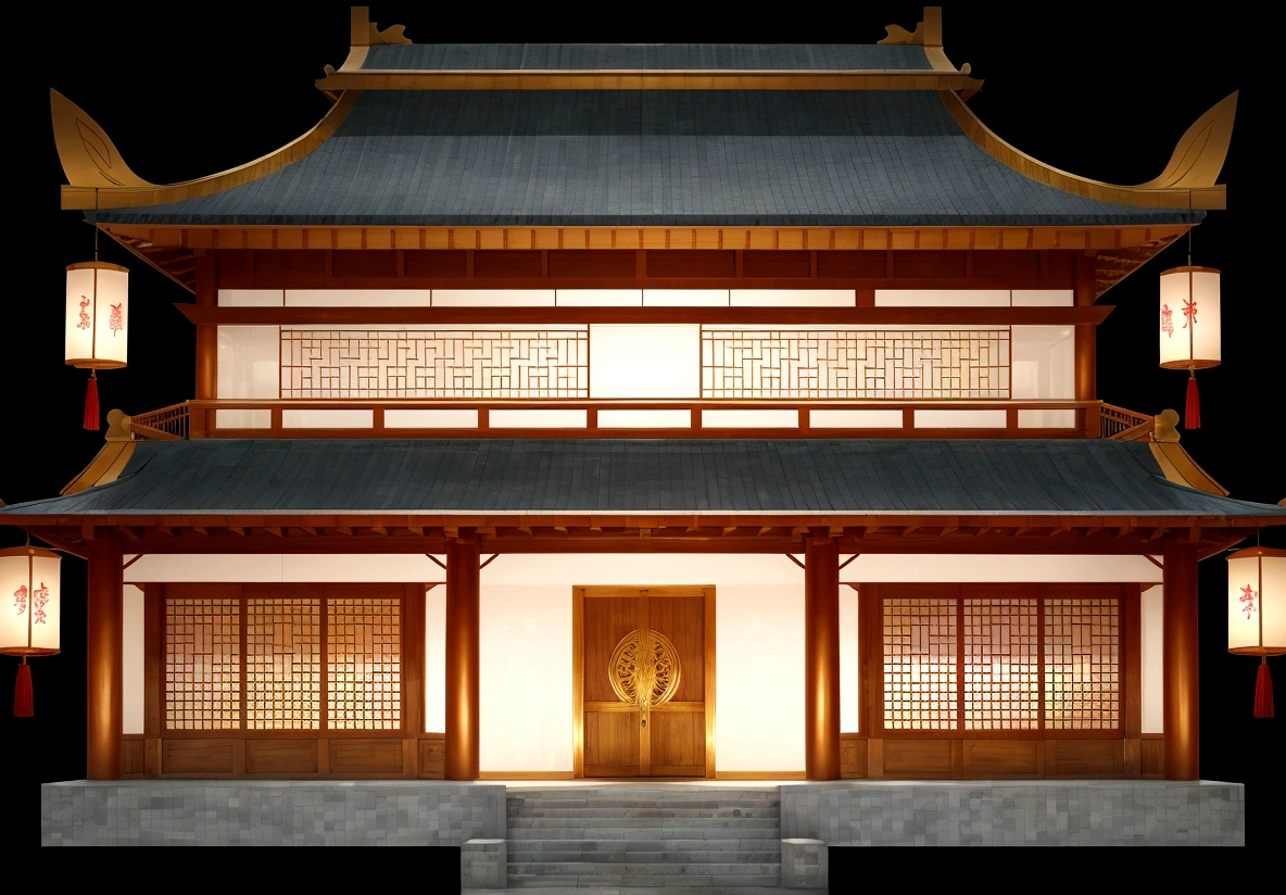 illustration of a traditional chinese building with lanterns and a bird, temple background, zen temple background, background depicting a temple, digital painting of a pagoda, japanese temple, japanese house, korean traditional palace, background art, palace background, chinese building, artwork in the style of z.w. gu, cyberpunk japanese temple, inspired by Shūbun Tenshō