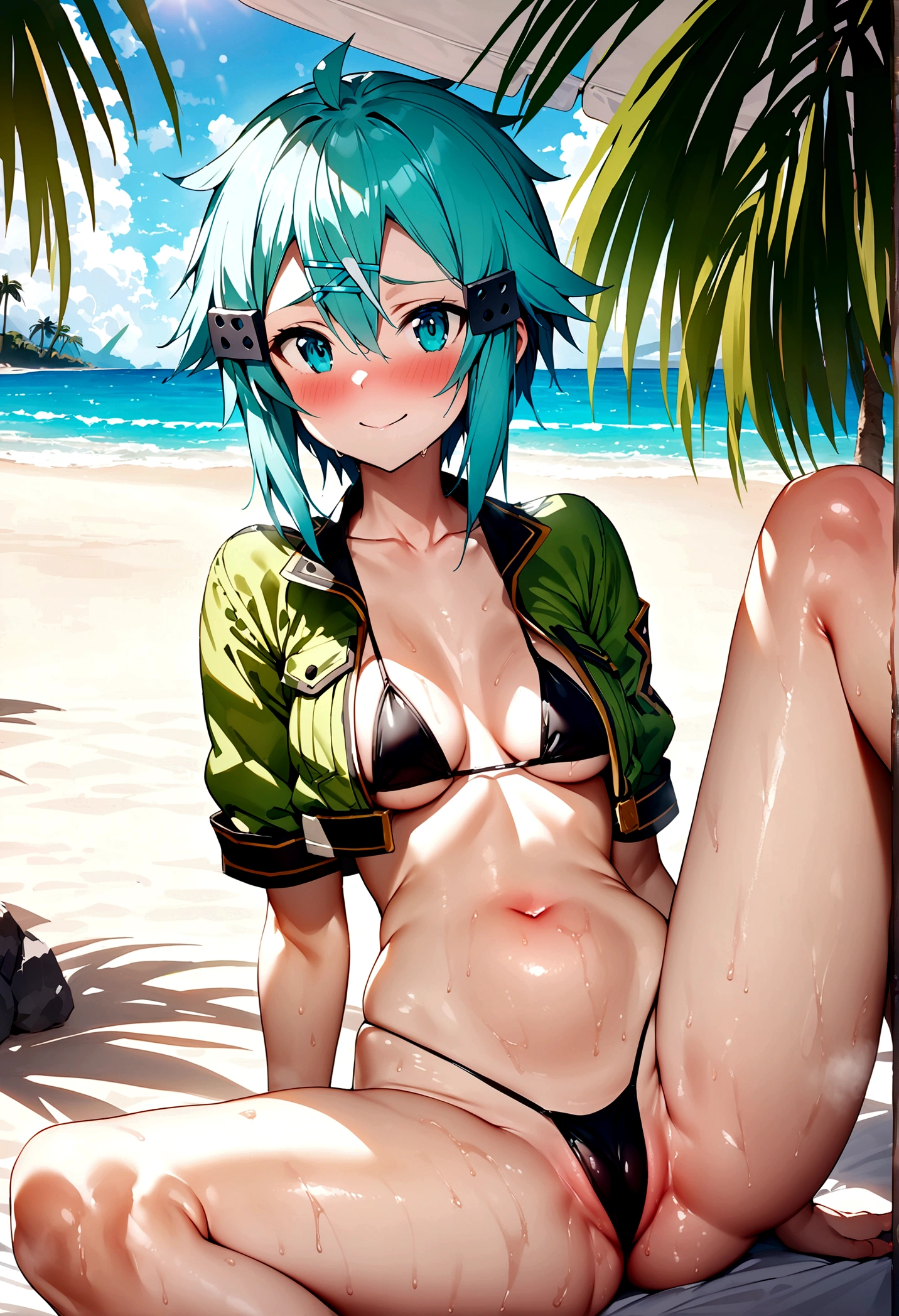 NSFW,masterpiece,Highest quality,High resolution,Super detailed,Sinon\(Sword Art Online\),High quality sexy micro bikini,green cropped jacket,Short sleeve, hair ornaments, Hair Clip,Embarrassed,expectant face,smile,blush,Fantasy,beach,Palm tree,Rock Shade,Beach parasol,Sitting,Leg spread,Sunburn