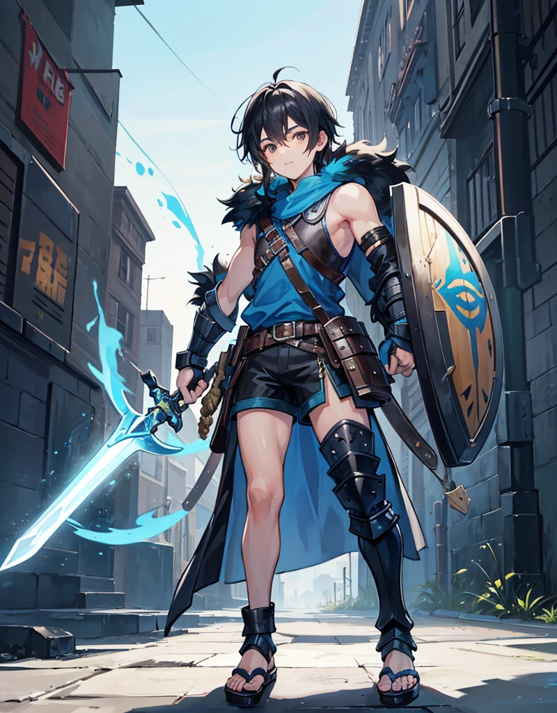 Young boy with black hair, brown eyes and olive skin, innocent and happy, wearing neon blue barbarian fur tunic, black shorts, gauntlets and sandals, weilding sword and shield, blue armor, fullbody, medieval background, boyish athletic