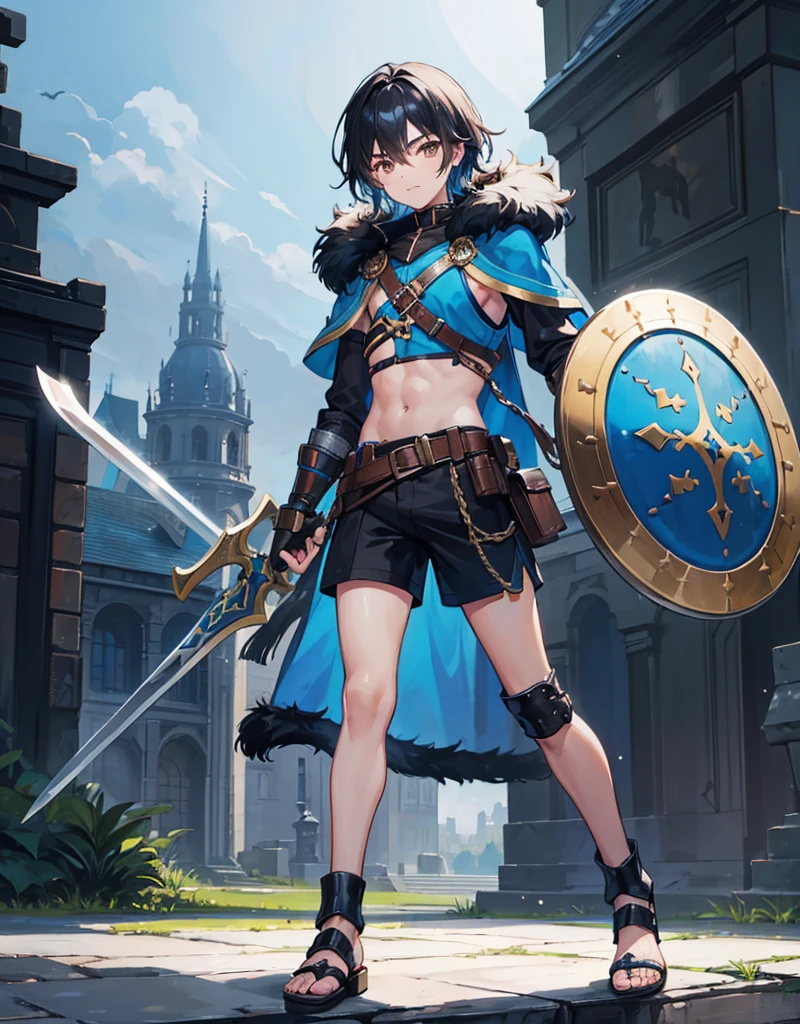 Young boy with black hair, brown eyes and olive skin, innocent and happy, wearing neon blue barbarian fur tunic, black shorts, gauntlets and sandals, weilding sword and shield, blue armor, fullbody, medieval background, boyish athletic