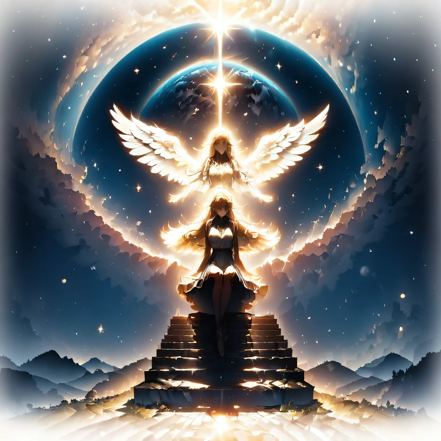 (best quality,8k,highres, masterpiece:1.2), dramatic lighting,Multiple angels, night sky, outdoors, beard, spotlight from the sky, ladder from the earth to the moon, angels sitting on steps here and there, double exposure,(anime style),shining angel wings,