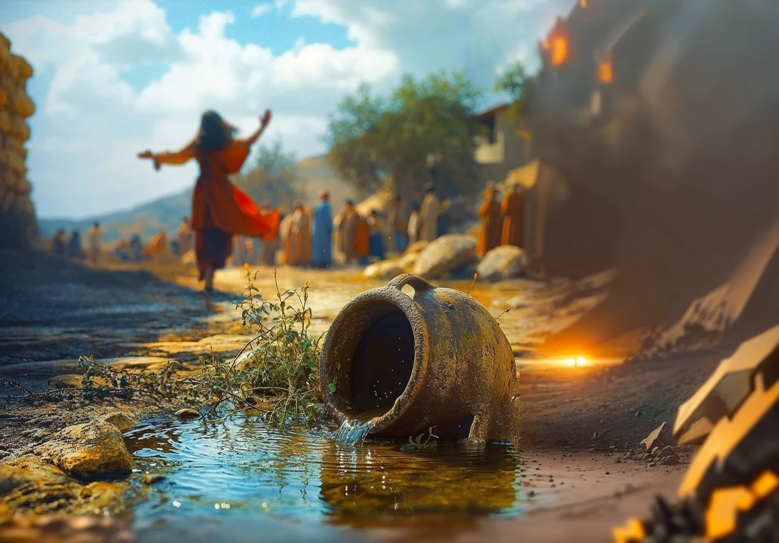 a ruined city battlefield with a broken giant robot, orange sky, dust and radiance, starry from below, wide cinematic shot with blurry ultra-wide angle, best quality 8k