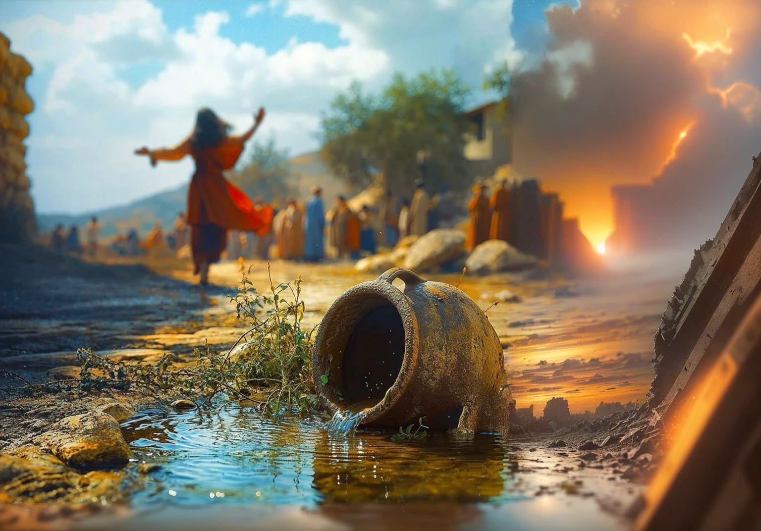 a ruined city battlefield with a broken giant robot, orange sky, dust and radiance, starry from below, wide cinematic shot with blurry ultra-wide angle, best quality 8k