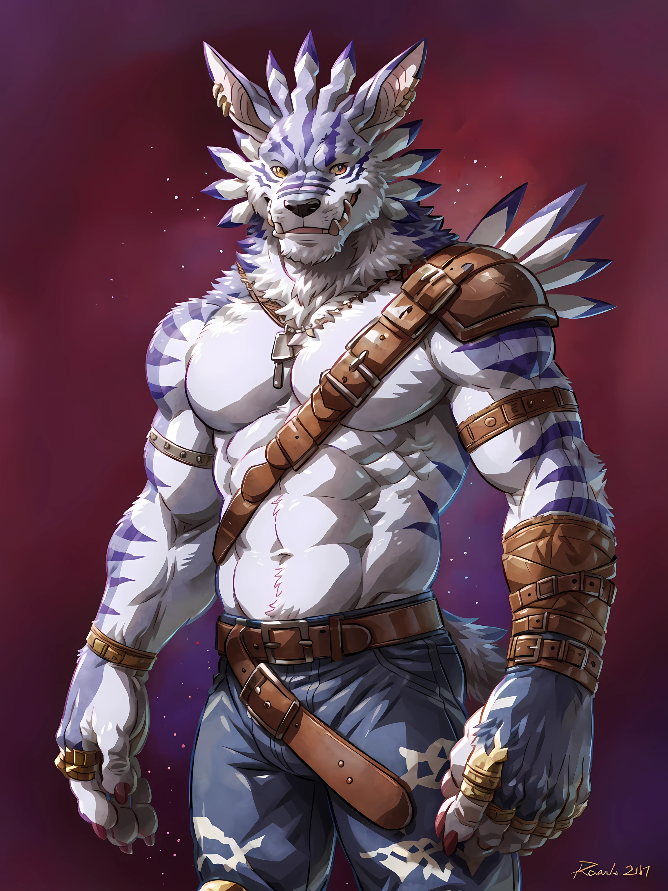 weregarurumon, front view, standing, muscular, male, pauldron, brown belt, half body, blue sleeved arm, orange eyes, smile, high quality, best resolution, cel shaded, by wfa, by rossciaco, dogtags, metal bands, detailed eyes, blue pants,