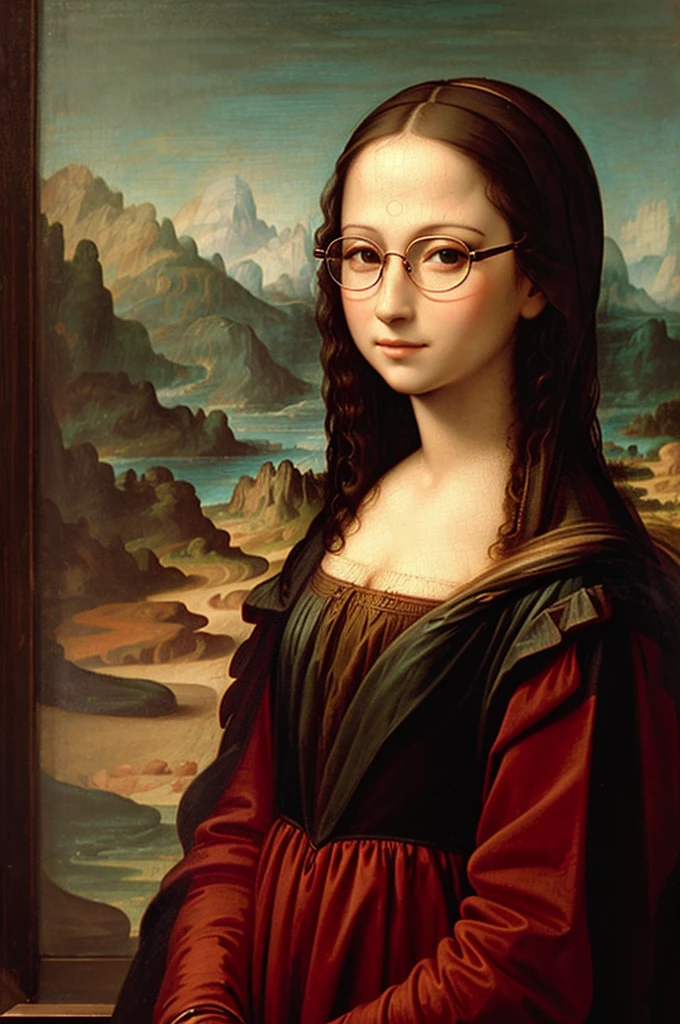 Mona Lisa in a red dress and glasses