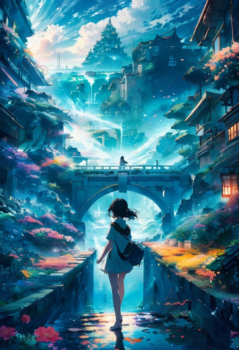 anime key visual, Masterpiece landscapes,A girl, From the city of Atlantis, complex background, foggy condition, cyberdelic, flowering light, Macro lens, Color style, "surrounded by clouds，Beautiful fluid image，Delicately painted landscapes，Light clouds float on the surface of the water.，It&#39;s like a fairyland。The misty light penetrates the clouds.，Impressive light and shadow effects are reflected.。In the photo there is a sea of clouds.，The landscape ahead is fascinating